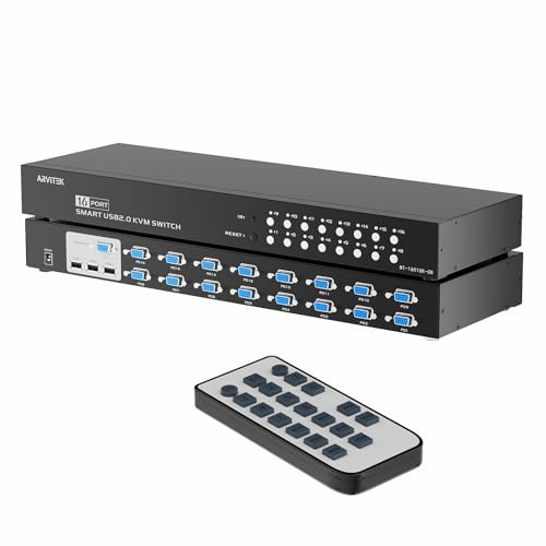 Arvitek KVM-Switch mit 16 Anschlüssen, VGA, 16 Computer teilen 1 Set Monitor, Tastatur, Maus, Drucker, 16-in-1-Out-Rack-Montage-KVM mit 3 USB-2.0-Hubs (im Lieferumfang enthalten 16 VGA-KVM-Kabel +