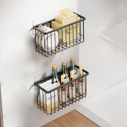 Restorgan 2 Pack Kitchen Cabinet Door Storage Box, Self-Adhesive Wall Mounted Metal Storage Box, Kitchen Wrap Organizer Container, Small Items Organiser Storage for Cabinet/Bathroom/Fridge