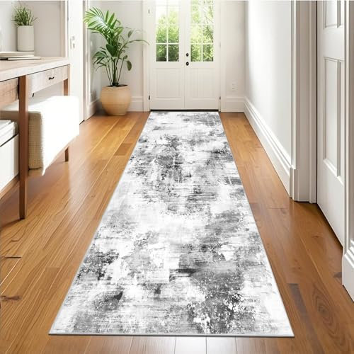 SHACOS Langer Teppich Läufer Flur rutschfest 65x180 cm, Kurzflor Teppichläufer Modern, Küchenteppich Waschbar, Flurteppich Läufer Lang Flurläufer Teppich Läufer für Flur,Küche, Wohnzimmer, Grau