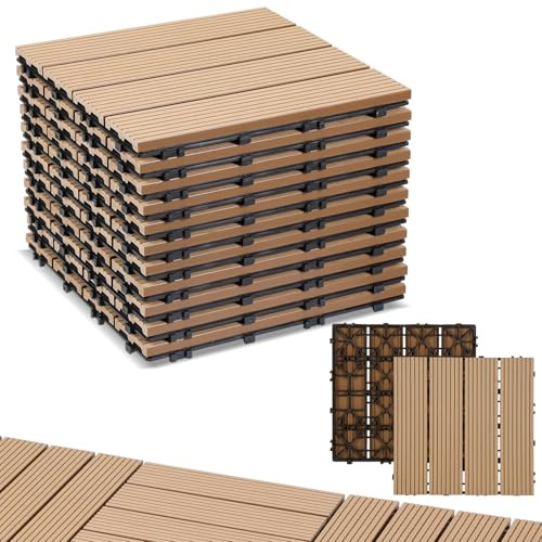 Randaco WPC Terrassenfliesen, 66er Set für 6m² 30x30cm WPC Fliesen Balkonfliesen Terrasse mit Drainage und Klicksystem, Leicht zu verlegen, Wasserfest und Rutschfest, Teak