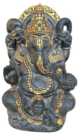 FaHome Ganesha Skulptur - Deko Garten Statue - Hindu Gottheit des Glückes - Betonguss Elefant Schwarz Gold - 80x50x41 cm
