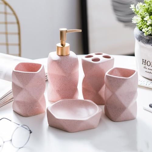 LoveFirst 5 pezzi Lusso Ceramica Set di Accessori per il Bagno con Dispenser di Sapone, Portaspazzolino, Bicchiere da Bagno, Portasapone, Set Accessori Decorativi Bagno Completo Moderno, Rosa