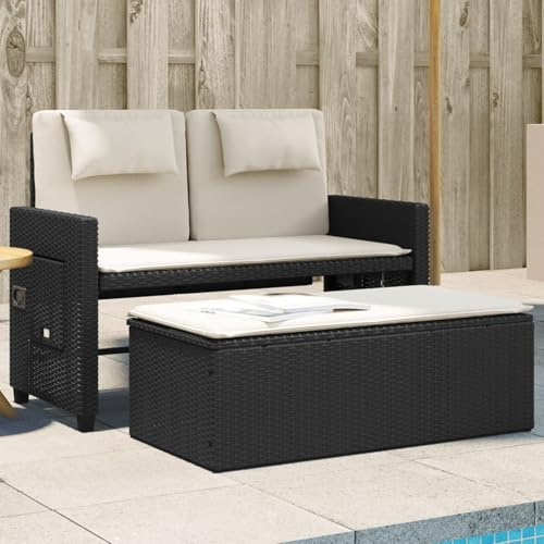 IKAYAA Gartensofa mit Schlaffunktion, Gartensofa 2 Sitzer mit Beistelltisch und Hocker, Balkon Lounge Klein, Gartensofa, Balkon Couch mit Hocker, Rattan Sofa, Rattan Lounge, Schwarz und Creme