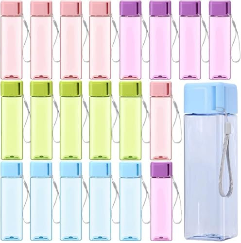ASMIZ Pack of 20 Transparent Water Bottles Children 500 ml, Plastic Drinking Bottles with Carry Strap, Reusable Sports Bottles, Leak-Proof for School, Gym, Outdoor, Travel
