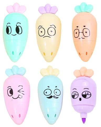 Colored Highlighters, 6X Pastel Highlighter Set, Chisel Tip Quick-Dry Markers, Cute Carrot Shape Design, Fluorescent Ink, Ideal for School, Studying, Note-Taking, Coloring, 6x2.5x2.5cm Multicolor