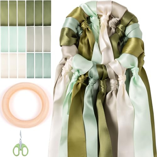 Sonekin Nastri Colorati, Confezione da 18 Nastri di Raso Bifacciali, Inclusi Anelli di Legno, Nastrino per Bomboniere Adatto per Bouquet da Sposa, Decorazioni per Feste(Verde oliva)