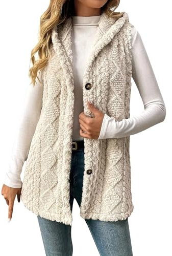 OVARA Women's Gilet with Hood Sleeveless Fleece Cardigans Button Down Teddy Gilet Ladies Cozy Body Warmers Lightweight Plus Size Outerwear Thermal Vest