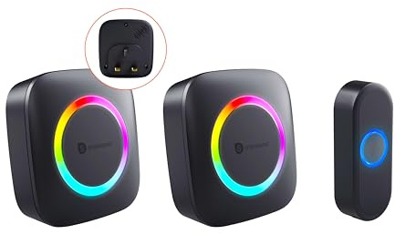 Smartwares Wireless doorbell Set - Portable Chime, Plug-in Chime and Push Button - 300 m Range - 36 melodies - LED Ring - 85 dB - 4 Sound Level & Mute Function - Black - PD-4927