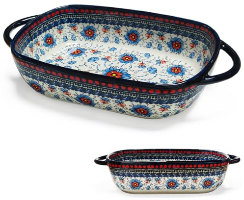 BOYIFEIJIE Auflaufform Rechteckig Keramik - Ofenfeste Lasagneform mit 2 Griffen & Vintage Blumen Design - Backform für Ofen, Mikrowelle & Spülmaschine - Ideal für Lasagne, Auflauf & Tiramisu (Blue)