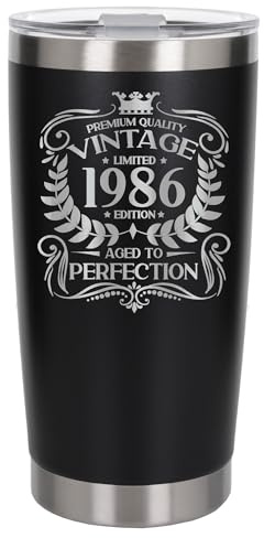 Always Looking Good 40th Birthday Gift Vintage 1986 Aged to Perfection Engraved Insulated Travel Mug Present for 40 Year Old Black Thermal Coffee Flask Travel Mugs with Lids
