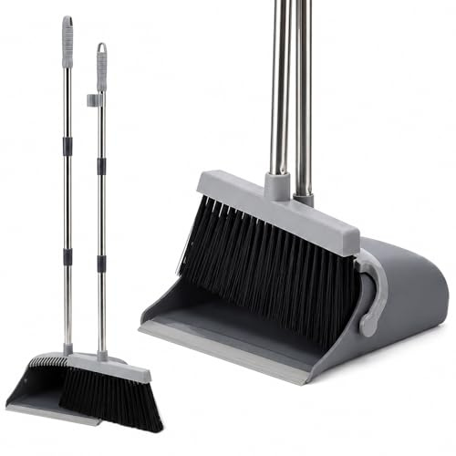 LSC Long Handle Dustpan and Brush Set Adjustable Handle Upright Broom | Long Adjustable Handle,Upright Broom and Dustpan Combo, With Teeth, Soft Sweeping Brush, For Indoor Outdoor Floor Cleaning