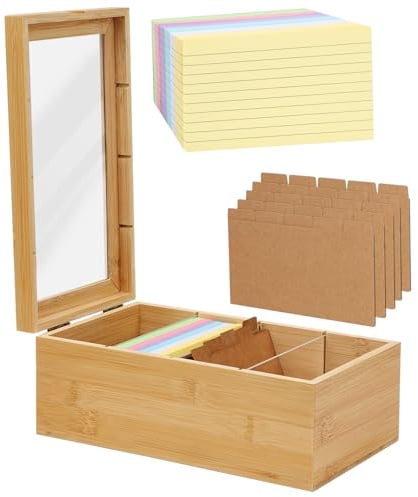 A7 Karteikarten Box Holz,Lernbox Vokabelbox mit Trennwänden und 300 Stück Haftnotizen,Karteikasten mit Transparent Sichtfenster und Deckel,Karteikartenbox Karten Aufbewahrungsbox für Schulen Büro
