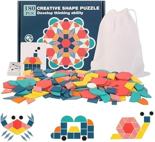 MonteSpi Tangram Holzpuzzle mit geometrischen Formen ab 3 Jahren | Montessori Lernspiel mit 24 Designkarten und 180 Legeideen, fördert Logik, Konzentration und Kreativität