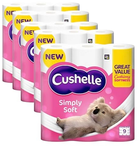 Cushelle Simply Soft 2-Ply Double Size, Longer Lasting Rolls Toilet Tissue Rolls, 45 Toilet Rolls, 5 x 9 Pack - Sold by Garden Greatness