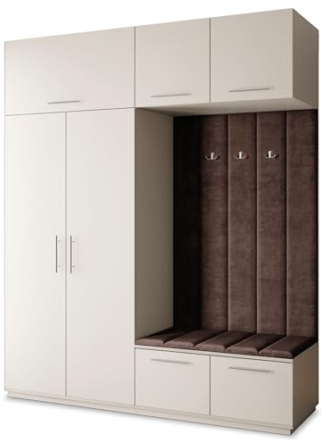 Masseno Flugarderoben Set Rema, Kleiderschrank-Set mit Sitzbank, Garderobenschrank Flur mit 5 Regalböden, Kaschmir