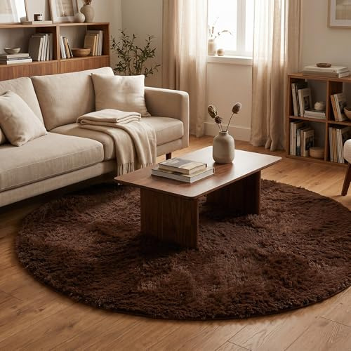 Pergamon Fluffy Shaggy Teppich Rund Dunkelbraun – Hochflor Teppich extra weich, moderner Wohnzimmer Teppich, kuschelig & pflegeleicht