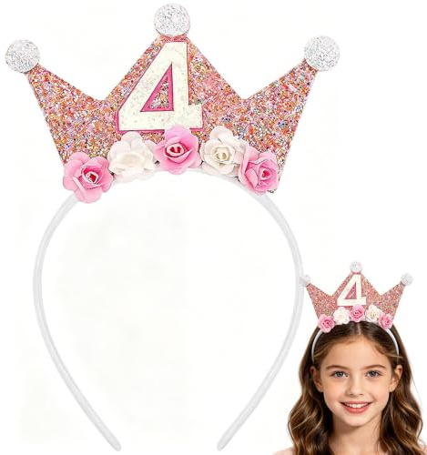 AVENORI 4 Jahr Geburtstagskrone,Geburtstagskrone Mädchen,HaarbäNder Geburtstag Mädchen Haarreif,Geburtstag Stirnband mit Rose Blumen für Frauen Birthday Weihnachten Party