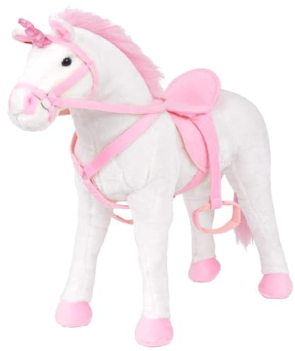 Ordellia Plueschtier Einhorn stehend weiss rosa XXL mit Sound Funktion, Sattel und Zuegel, 71 x 62 cm, belastbar bis 100 kg, fuer Kinder ab 36 Monaten, Kuscheltier fuer Rollenspiel