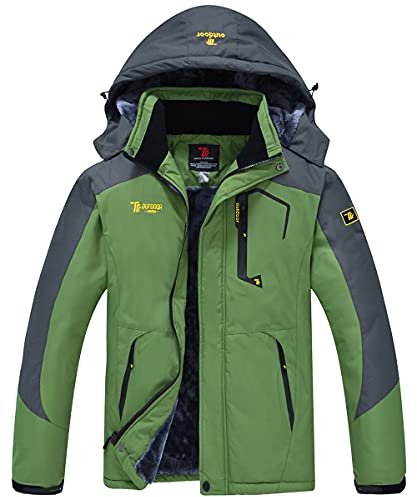 donhobo Herren Schneejacke Winddicht wasserdichte Skijacken Winter Fleecejacken mit Kapuzen Regenmantel Outdoor Wanderjacke(Grün,XL)