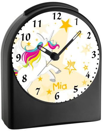 CreaDesign, WU-50-1129-03, Einhorn Farbe Gelb, analog Kinderwecker schwarz, Funkwecker ohne Ticken, mit Licht, personalisiert mit Namen, 9,6 x 5,5 x 11,9 cm, 104 g