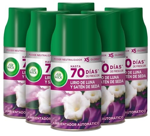 Air Wick Freshmatic - Recambios de ambientador spray automático, esencia para casa con aroma a Lirio de Luna y Satén de Seda - pack de 6, 1500 mililitro