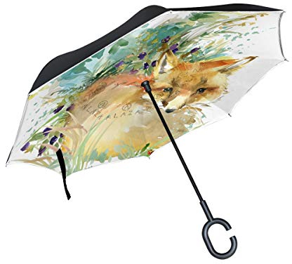 Regenschirm, Fuchs, Wald, Tiere, Aquarell, umgekehrt, doppelschichtig, winddicht, selbststehend, UV-Schutz, nicht automatisch, großer gerader Regenschirm mit C-förmigem Griff für Auto Ra