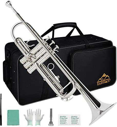 EASTROCK Bb Trumpet Standard Trumpet Set with Carrying Case,Gloves, 7C Mouthpiece and Cleaning Kit (Nickel Plated)