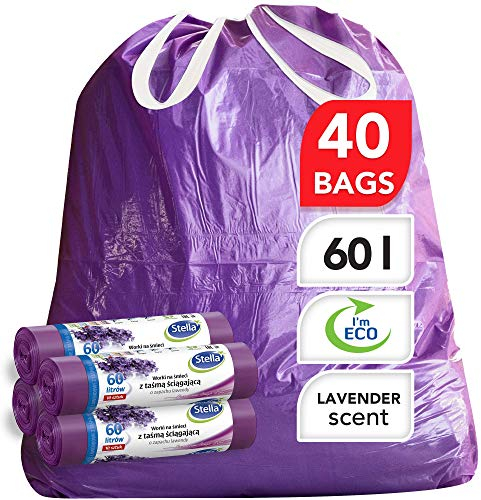 Stella Müllbeutel - Müllbeutel - umweltfreundlich und recycelbar - aus Plastikmüll - sehr robust und flexibel - Duft Lavendel und Farbe Purpur - 60 l - Seiltyp