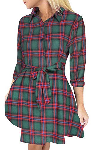FANCYINN Robe Chemise Femme Manche Longue Robe à Carreaux Casual Hiver Tunique Blouse Mini Robe,M,Rouge Vert Bleu
