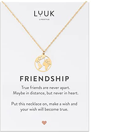 LUUK LIFESTYLE Catenina da donna in filigrana con ciondolo a globo I mappamondo e dedica FRIENDSHIP, idea per viaggiatore, accessorio alla moda, oro