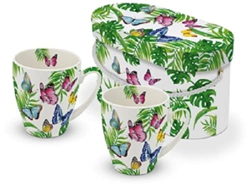 Paper Product Design 2er-Set Kaffeebecher Tropical Butterflies mit Geschenkbox, Schmetterlinge Falter Tiere, Porzellan, 350 ml, 2 Stück