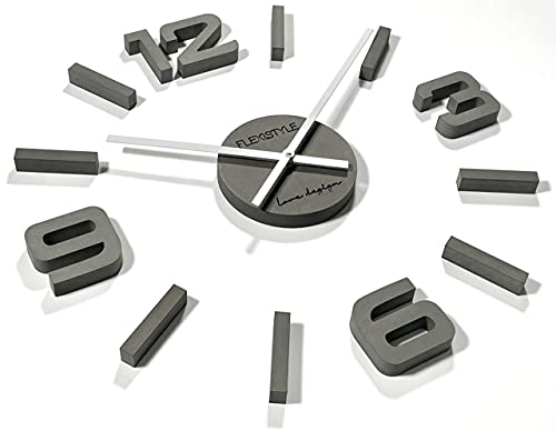 FLEXISTYLE 3D Wanduhren DIY große Wanduhr 50-75CM (Dicke 19MM!) 3D Wanduhr Modern Design EKO Wanduhren Wandtattoo Dekoration Uhren für Büro Grau