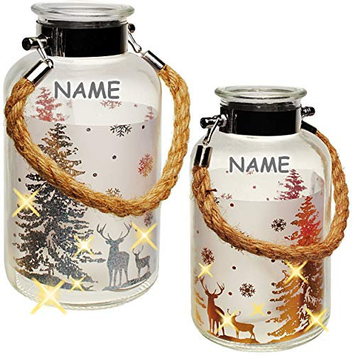 alles-meine.de GmbH XL Glas - Windlicht - LICHT Dekoflasche - 5 Stück LED - Weihnachten - Hirsch im Winterwald - inkl. Name - 20 cm - Flasche - Weihnachtsflasche - Lichterflasche..