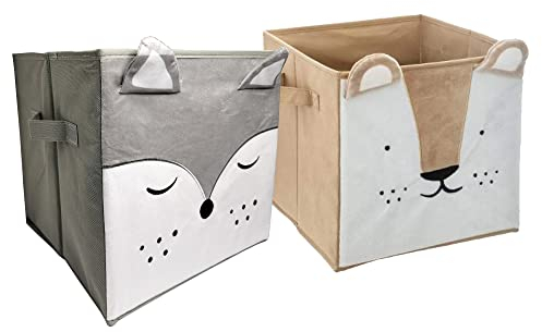 WOWGADGET SET Faltboxen Fuchs und Löwe / Aufbewahrungsbox für Kinder aus Stoff im Würfel für Regale und Schränke. Sortierbox/Spielzeugkiste Toy Bin für Dokumente, Spielzeug, Büroartikel, 30x30x30cm