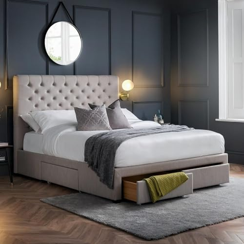 Julian Bowen Grey Linen Fabric Wilton Deep Button 4 Drawer Bed, King