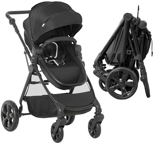 HOMCOM Baby Stroller Pushchair 2 in 1 Lightweight Travel Pram Buggy Foldable with Reversible Seat, Fully Reclining Backrest, from 0 to 3 Years, 0 to15kg, Black