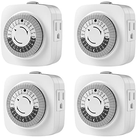 24 Hour Indoor Mechanical Timer with 2 Ground 3 Plug Socket,White,4 Pack.