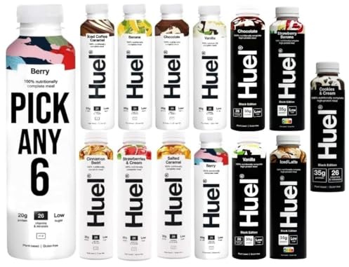 Huel PICK ANY 6 Ready To Drink Nutritionally Complete Meal from 8+ Flavours Inc.Chocolate, Banana, Vanilla, Berry, Salted Caramel, Iced Coffee Caramel, Strawberries & Cream, BLACK EDITION (Each 500ml)