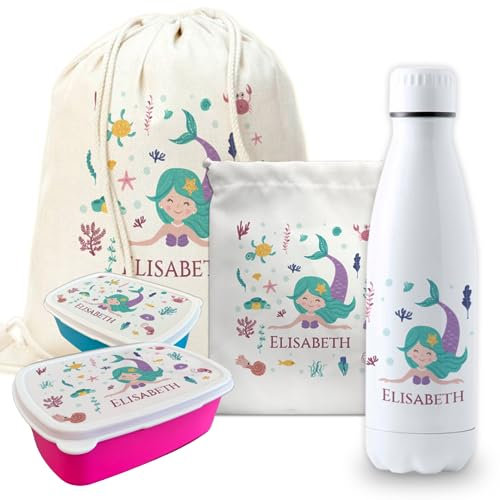 Pack vuelta al cole sirenita botella personalizada + mochila saco personalizada + fiambrera personalizada + bolsa merienda personalizada con texto para el colegio o guardería. Libre de BPA