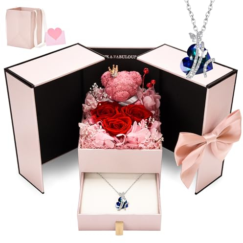CSYY Konservierte Rosen, Ewige Rose Geschenke für Frauen Rose Herz Halskette Handgefertigte Konservierte Rosen Schmuck Geschenkbox Geschenk für Mama Schwester Ehefrau am Weihnachten Valentinstag