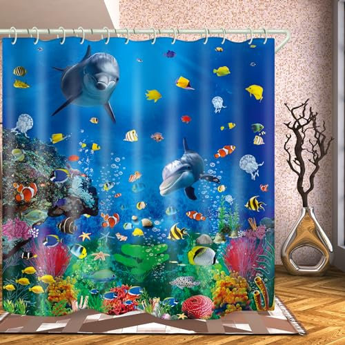 LYFANS Duschvorhang mit buntem Delfinfisch, Koralle, 183 x 200 cm