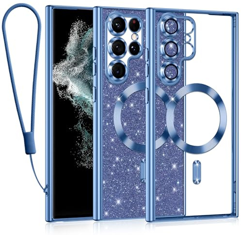 Kokio Glitter Magnétique pour Samsung Galaxy S22 Ultra 5G Con Cordon, [Compatible avec MagSafe] Antichoc Brillant Pailleté Housse Transparent Souple Couqe pour Samsung S22 Ultra Bumper Étui, Bleu
