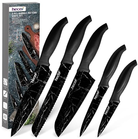 hecef 5 Pezzi Coltello da Cucina Professionali, Set Coltelli in Acciaio Inox con Nero Disegno Marmo, Collezione di Coltello Chef per Pane (Set di coltelli da 5 pezzi)