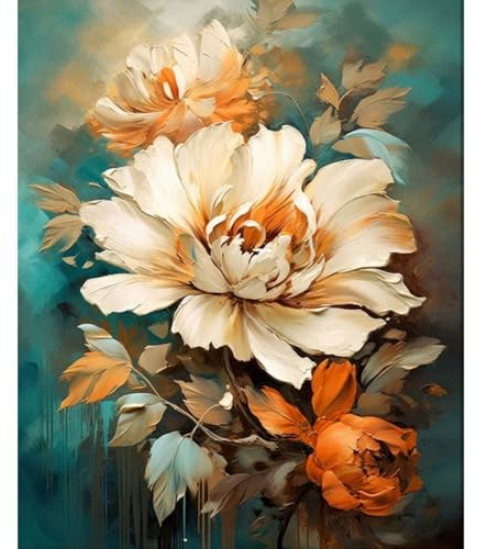vooiceofco Pintar por Numeros Adultos, DIY Pintura por Números, Kit de Pintura al óleo de Lienzo DIY para con Pinceles, Pigmento Acrílico 40 x 50cm,Peonía Blanca