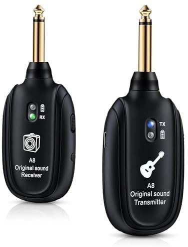 Tyatocepy A8 Wireless Guitar System, Rechargeable, UHF Audio Radio Transmitter, Receiver for Guitar, Bass, Violin, Keyboard, Durable, Easy Installation, Easy to Use