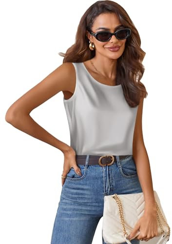 Zeagoo Top in Raso da Donna Elegante Canotta di Seta Basic Blusa con Scollo Rotondo Top Casual Senza Maniche Grigio Chiaro XXL