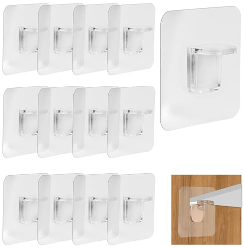12 STK Regalbodenträger, Schrankboden Träger Selbstklebend, Einlegeboden Halter Klebend, Fachbodenträger ohne Bohren, Transparent Selbstklebende Regalhalterung Stützen für Kleiderschrank Glashalter
