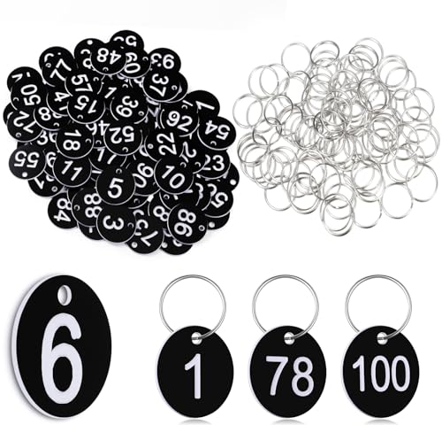 Sinmoe 1 à 100 Étiquettes Porte-Clés Numérotés avec Anneaux Porte-Clés avec Numéro Étiquettes d'Identification en Plastique pour Clé pour Vestiaire Restaurant Café Dortoir Casier Hôtel(Noir)