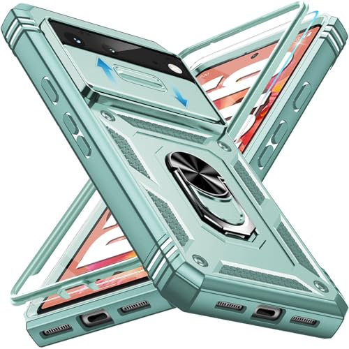 Giyer für Google Pixel 6 Hülle mit Schutzfolie, Metall Ring Ständer Stoßfest Bumper Schutzhülle für Google Pixel 6 Case Cover (Minzgrün)