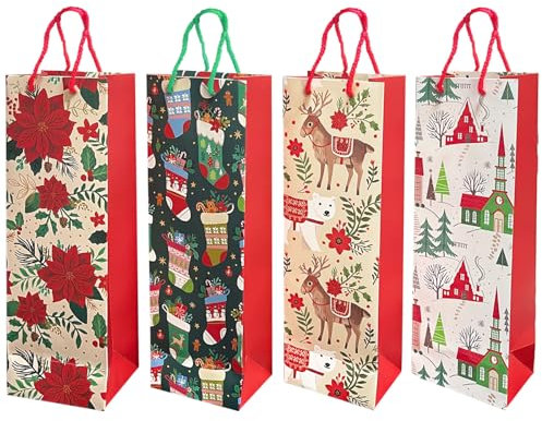 Bseical 12 Pièces Emballage Bouteille Vin de Noël, Sac Bouteille Vin de Noël avec Poignée, Sac Cadeau Bouteille 36 x 12cm, Sacs Cadeaux Bouteilles pour Vin, Prosecco, Whisky, Champagne (B)